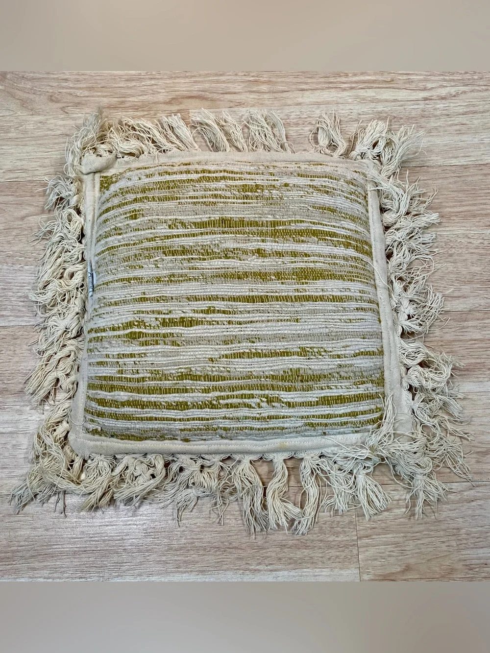 Vintage Irovy Textured Throw Pillow Horizontal Stripe Fringe Edge Approx 14x14in